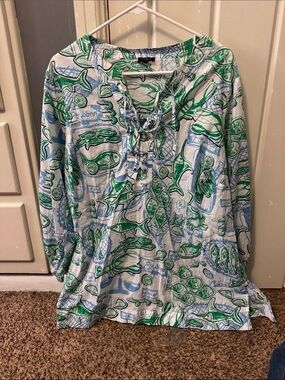 Talbots Seaside Fish Print Tunic Top in Green & Light Blue Size 1X